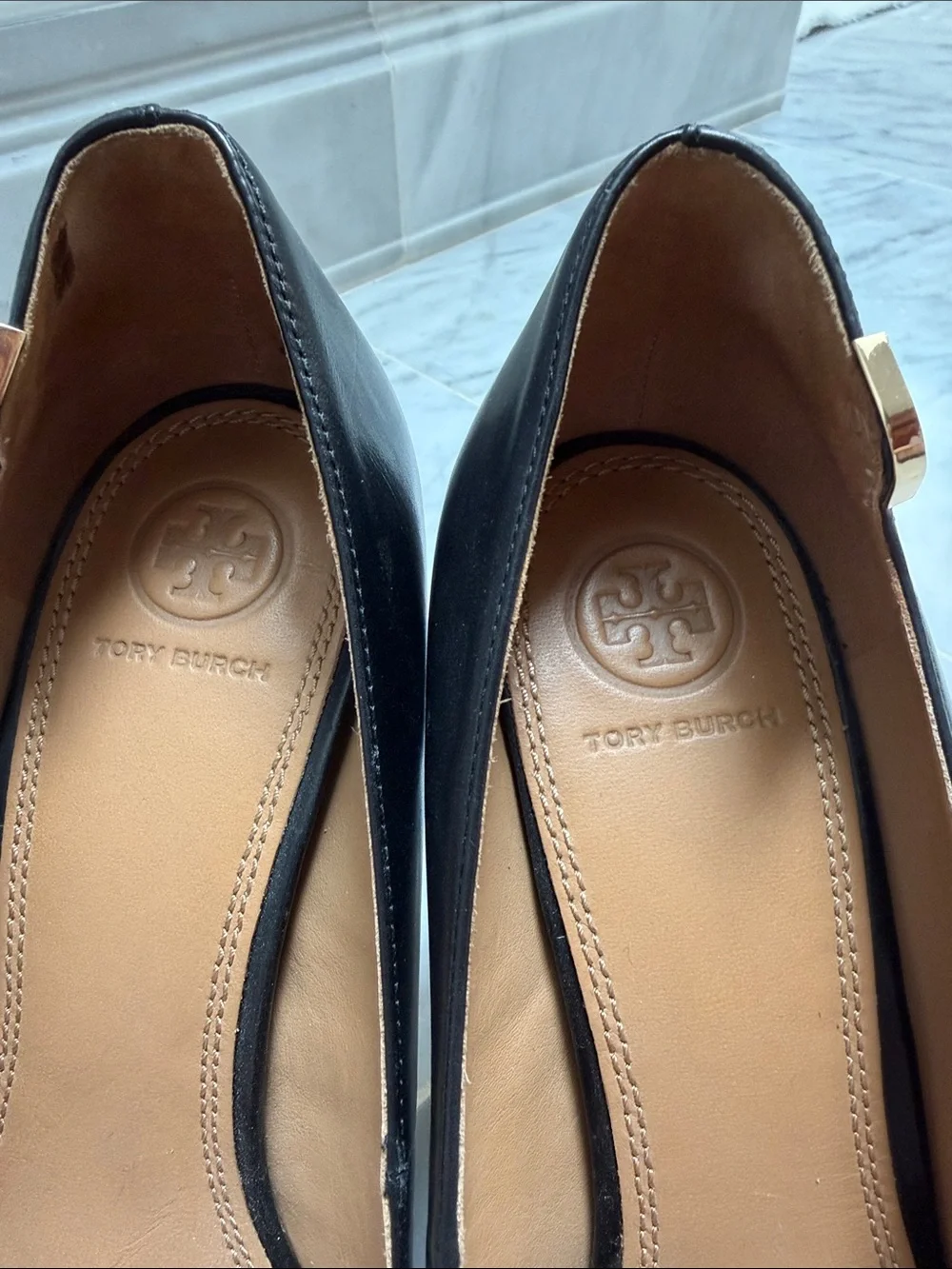 Tory Burch Black Pointed-Toe Leather Pumps with Gold Accent